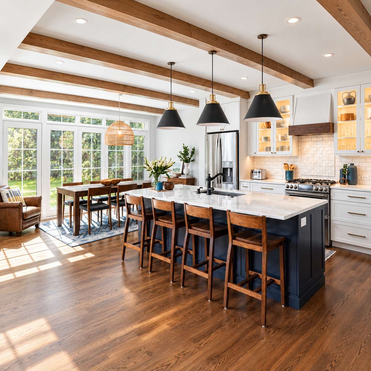Sunlit kitchen with wood ceiling beams and black pendant lights
