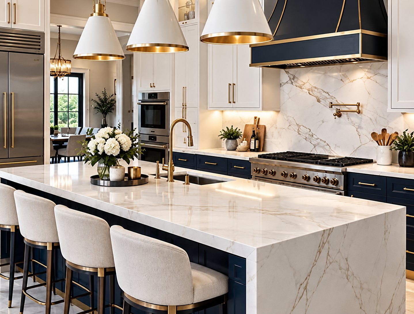 Navy kitchen cabinetry with brass accents and a white stone island